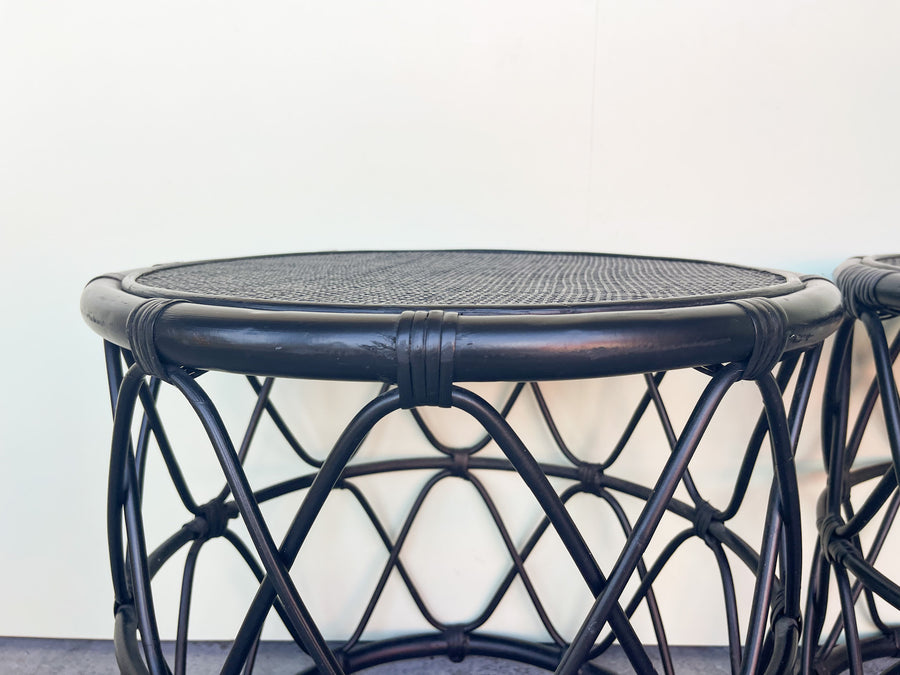Pair of Black Rattan Drum Tables