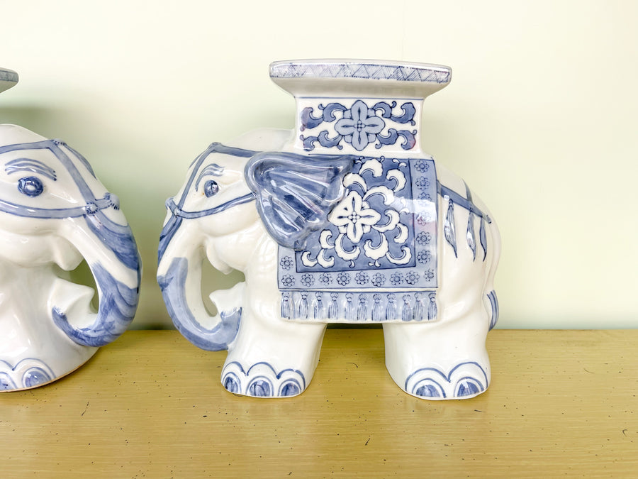 Pair of Petite Blue and White Elephant Garden Seats