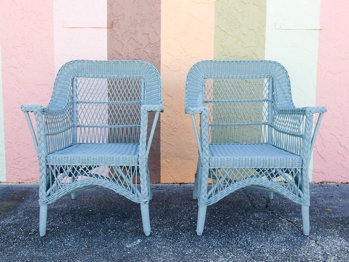 Pair of Cornflower Blue Braided Wicker Chairs