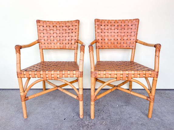 Pair of Leather and Rattan Arm Chairs