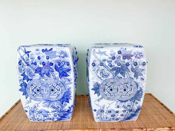 Pair of Oversized Blue and White Garden Seats