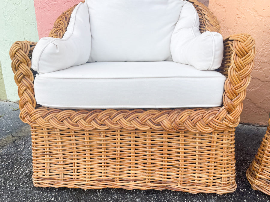 Pair of Braided Rattan Lounge Chairs