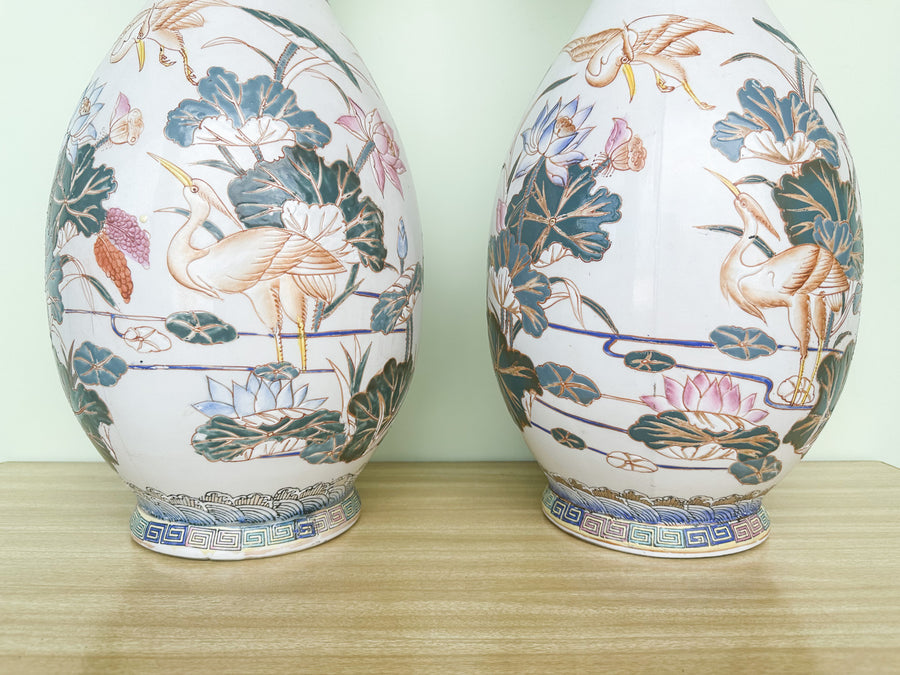 Pair of Large Colorful Heron Vases