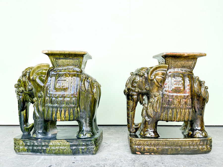 Pair of Terracotta Olive Green Elephant Garden Seats