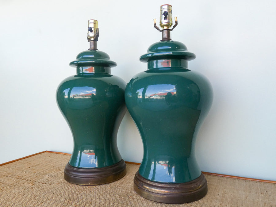 Pair of Forest Green Ginger Jar Lamps