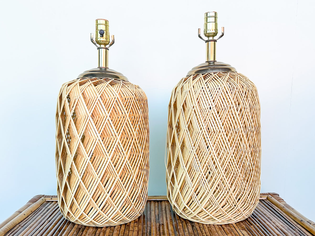 Pair of Coastal Woven Rattan Lamps