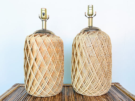 Pair of Coastal Woven Rattan Lamps