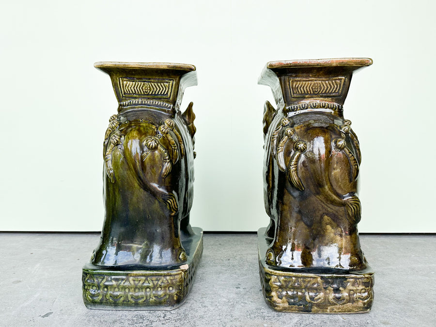 Pair of Terracotta Olive Green Elephant Garden Seats