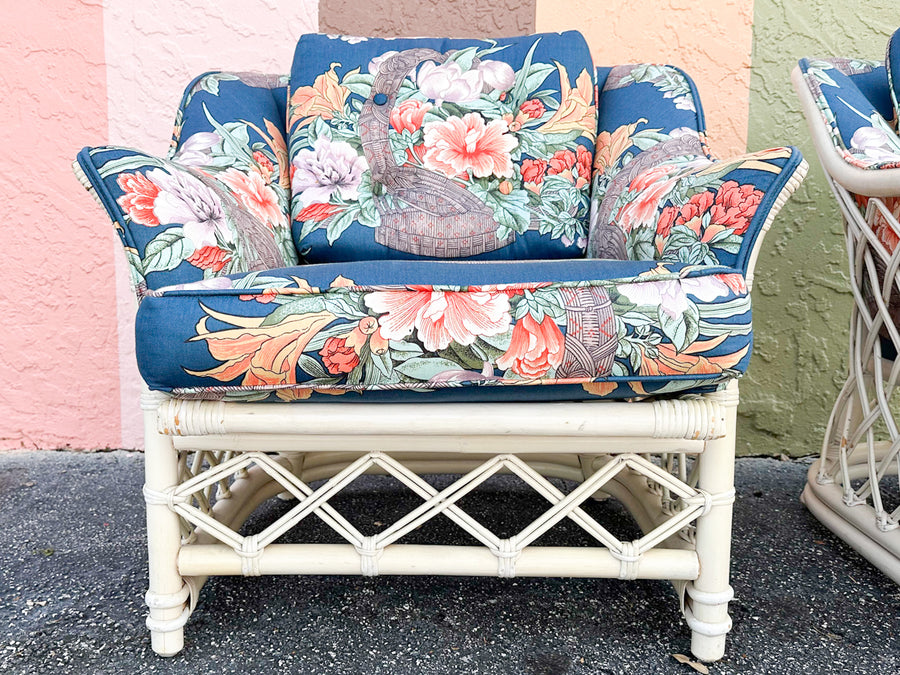 Pair of Ficks Reed Rattan Lounge Chairs and Ottomans