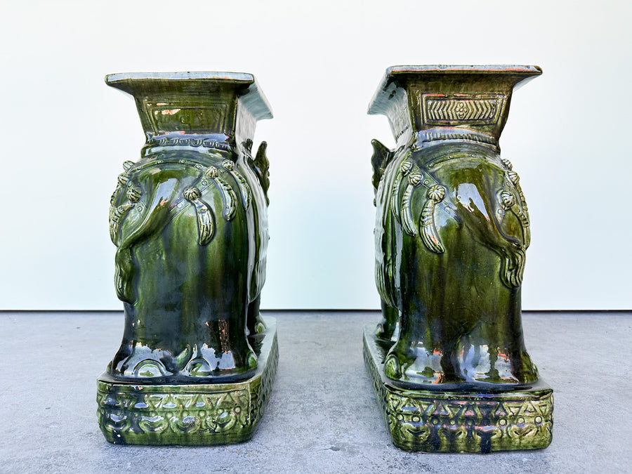 Pair of Terracotta Emerald Green Elephant Garden Seats