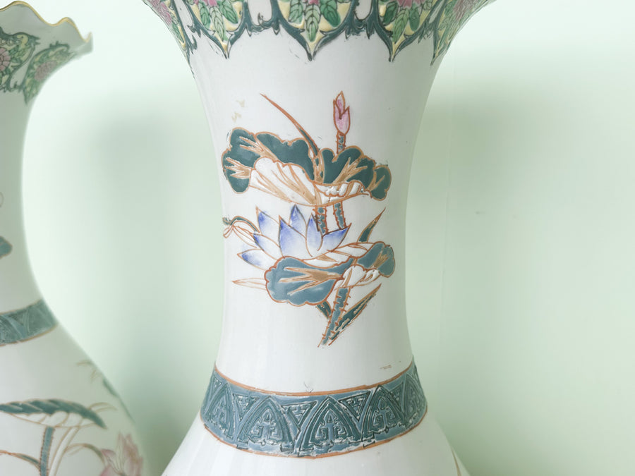 Pair of Large Colorful Heron Vases
