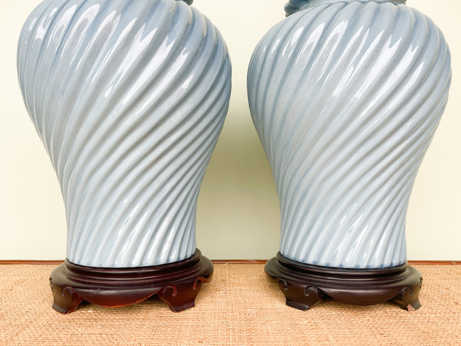 Pair of Sky Blue Twist Ceramic Ginger Jar Lamps