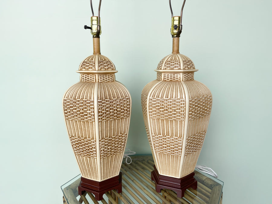 Pair of Faux Basket Ginger Jar Lamps