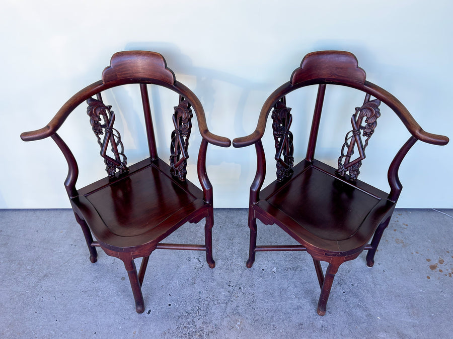 Pair of Rosewood Carved Corner Chairs
