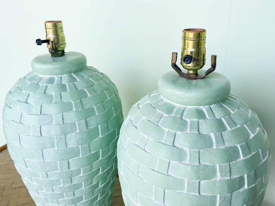 Pair of Plaster Seafoam Basket Weave Lamps