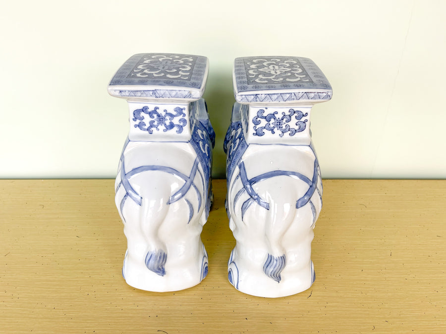 Pair of Petite Blue and White Elephant Garden Seats