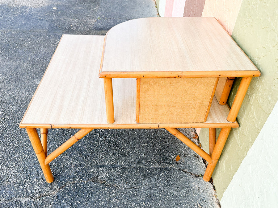 Old Florida Two Tier Rattan Corner Table