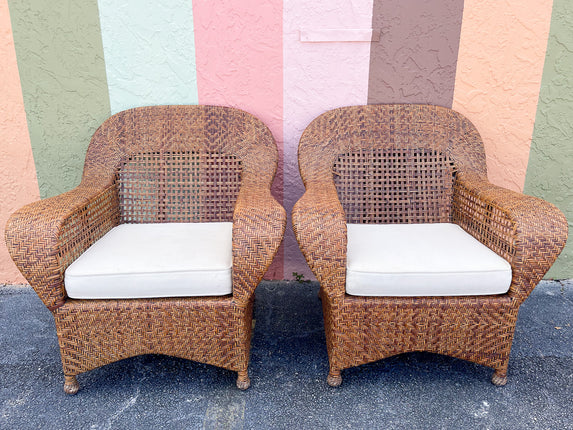 Pair of Woven Rattan Lounge Chairs