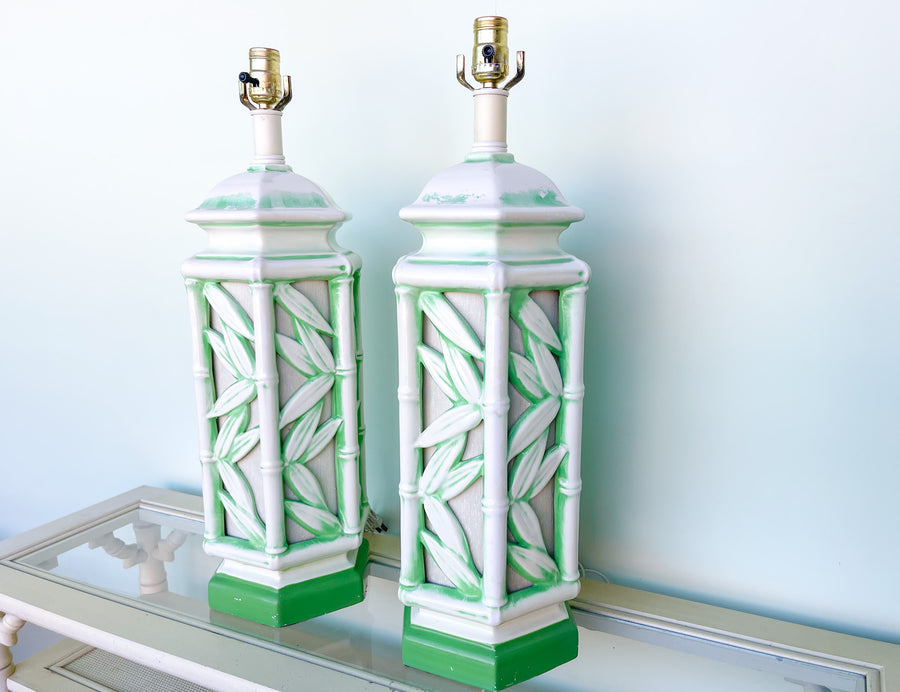 Pair of Faux Bamboo Leaf Lamps