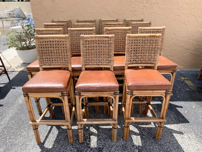 Rattan, Seagrass and Leather Palecek Bar Stools