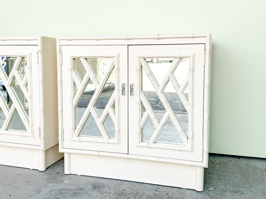 Pair of Faux Bamboo Mirrored Chippendale Nightstands