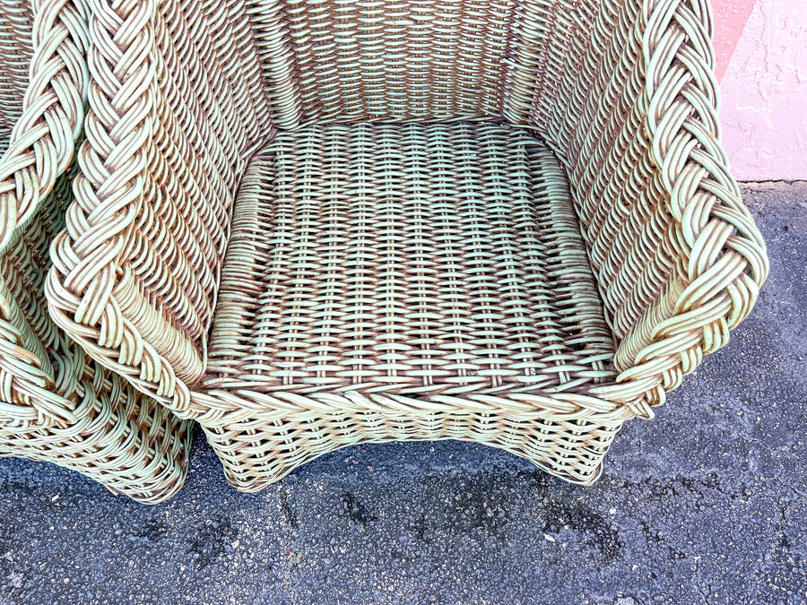 Pair of Braided Rattan Green Lounge Chairs