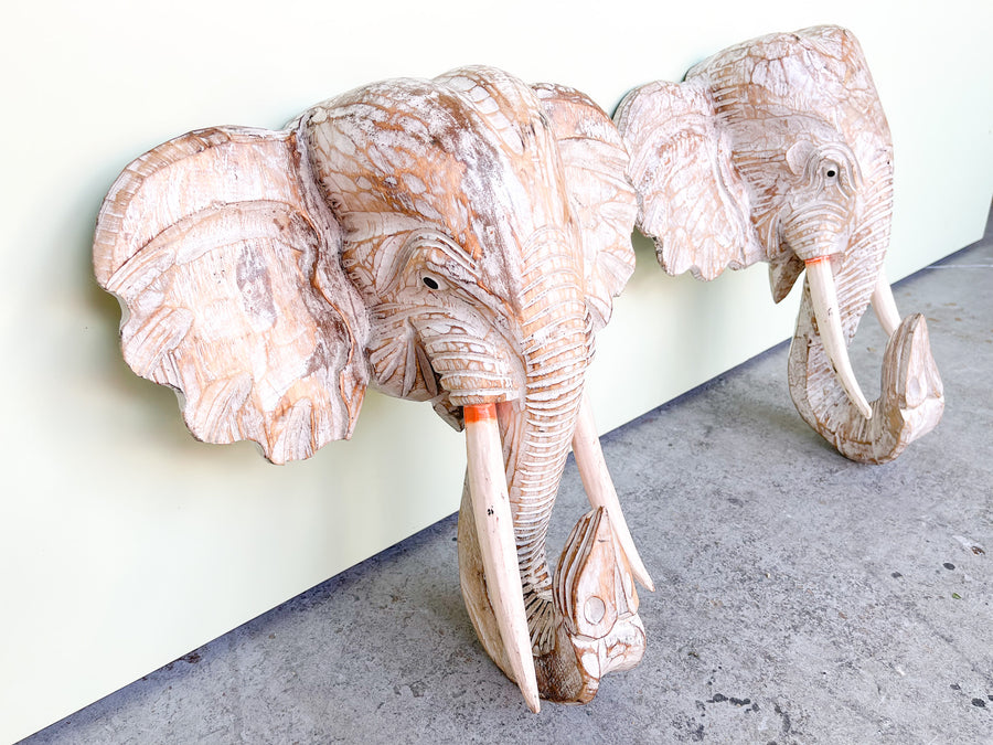 Pair of Wood Carved African Elephant Wall Sconces