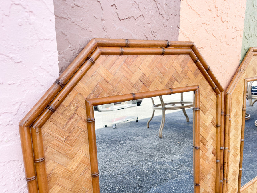 Pair of Faux Bamboo Rattan Octagon Mirrors