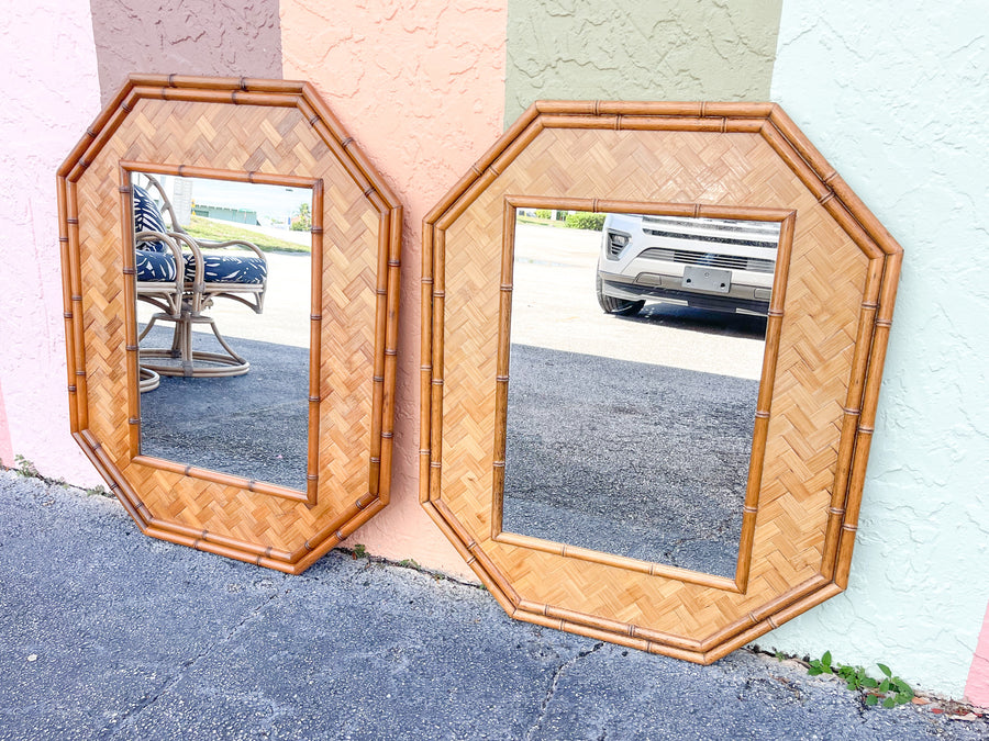 Pair of Faux Bamboo Rattan Octagon Mirrors