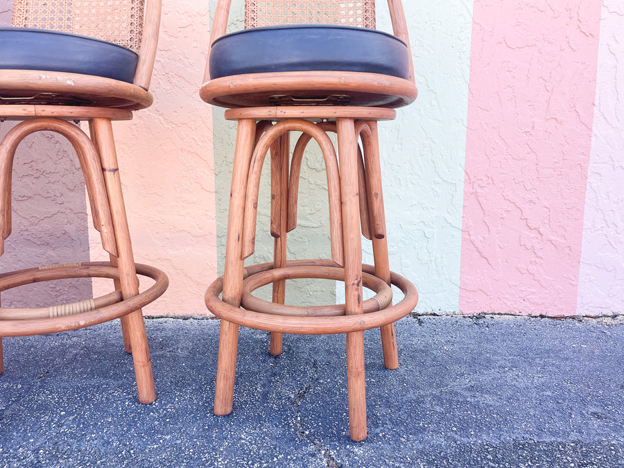 Set of Three Rattan and Cane Bar Stools