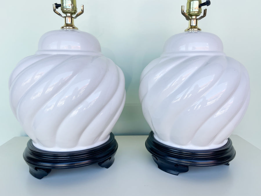 Pair of White Ceramic Swirl Lamps