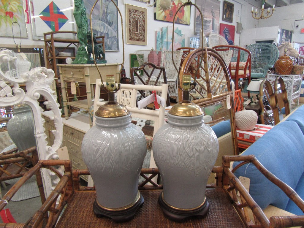 Pair of Ceramic Blue Roche Lamps