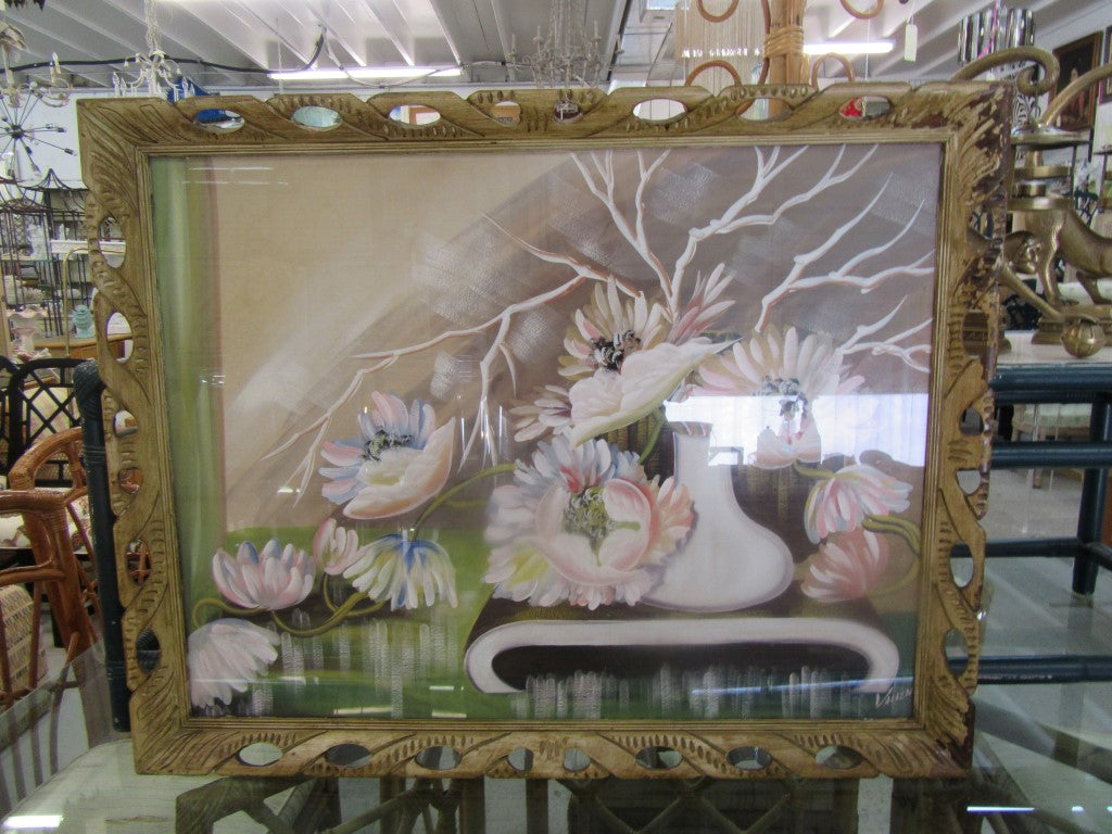 Signed Old Florida Painting in Carved Wood Frame