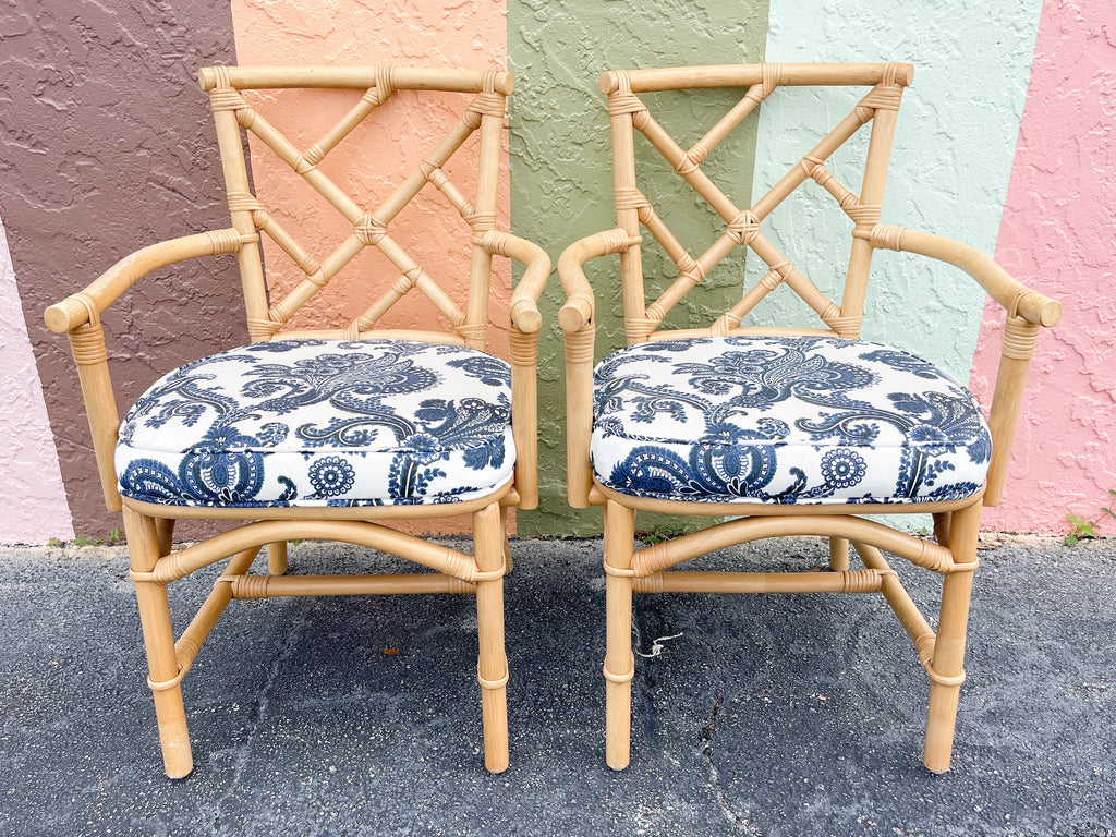 Pair of Ficks Reed Rattan Chippendale Arm Chairs
