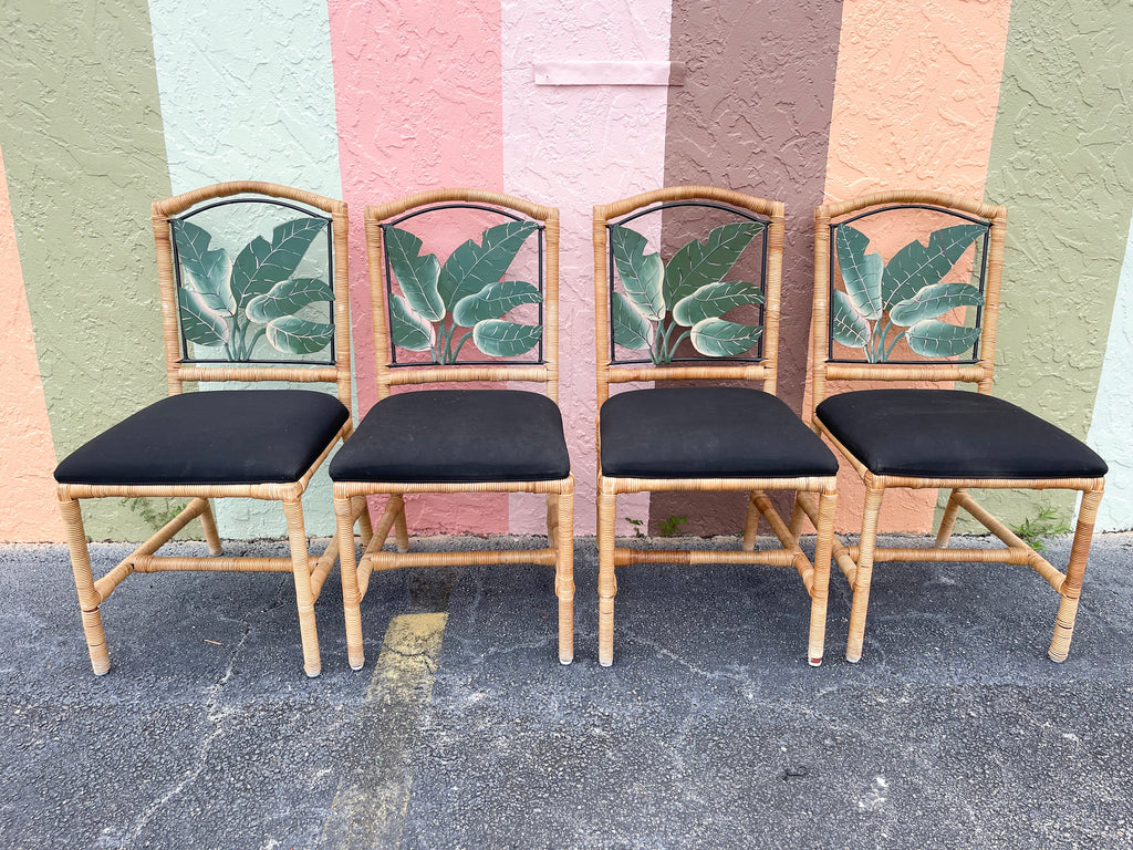Set of Four Rattan Wrapped Banana Leaf Chairs