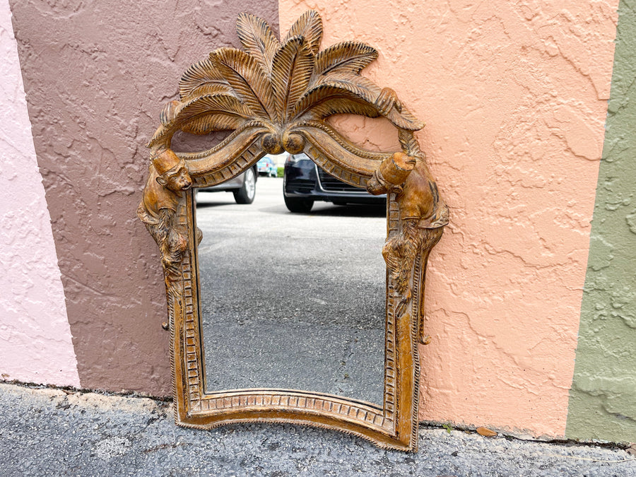 Wood Carved Palm and Monkey Mirror