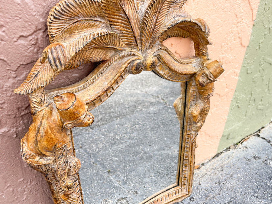 Wood Carved Palm and Monkey Mirror