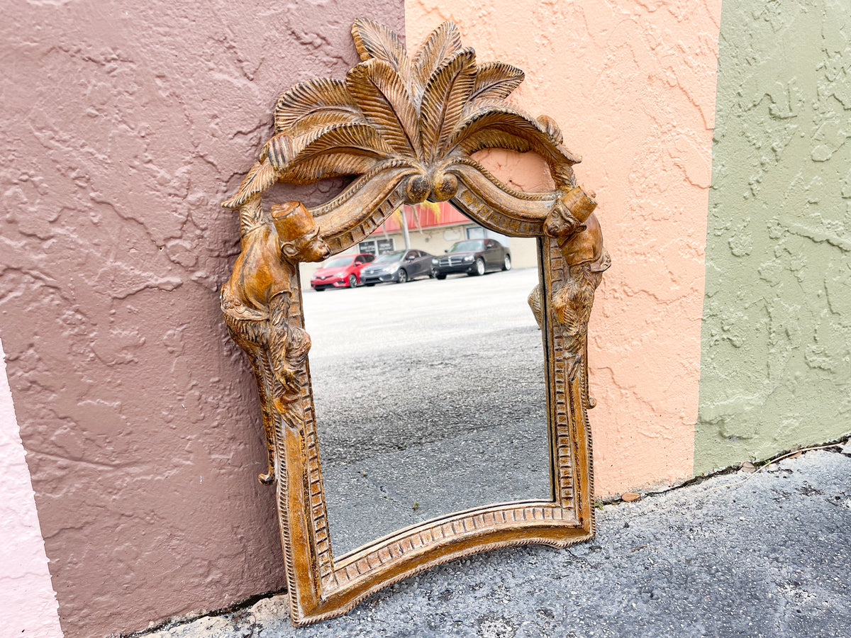 Wood Carved Palm and Monkey Mirror