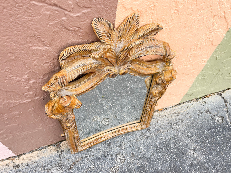 Wood Carved Palm and Monkey Mirror