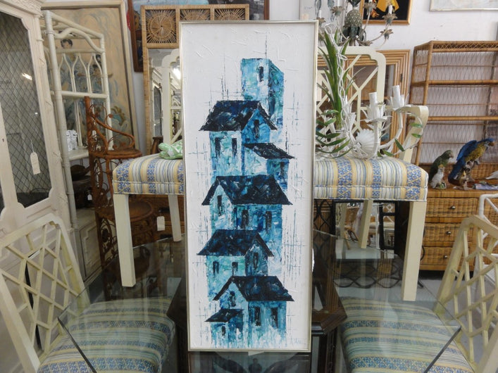 Signed Mid Century Blue House Painting 